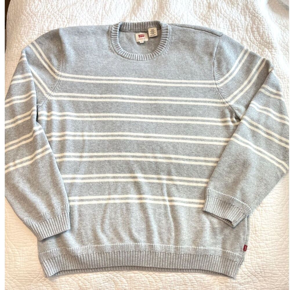 Levis 100% Cotton Sweater Mens XXL Pullover Gray Striped Sweater Crewneck Casual